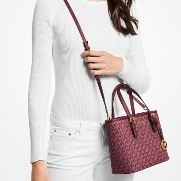 Michael Kors Jet Set Travel XS Carryall Tote Shoulder Bag MK Gold Signature Red - Picture 10 of 11